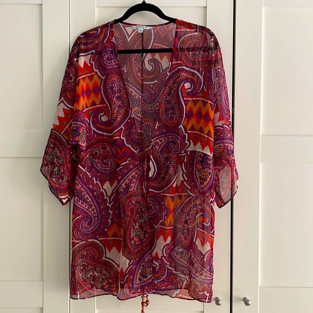 Beautiful CAbi Sheer Chiffon Paisley Tie Kimono Top Blouse .  Sz. L. NWOT - Picture 2 of 7